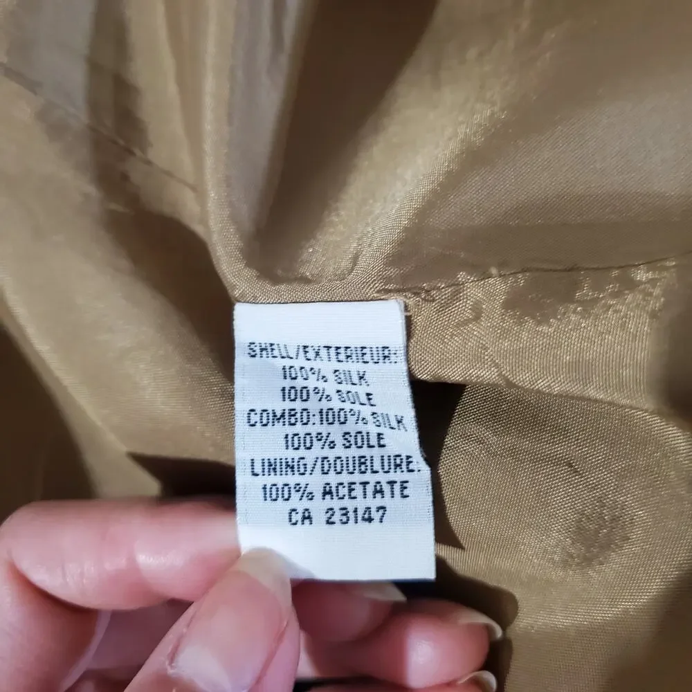 Talbots Vtg 100% Silk Leaf Tie Waist Strapless Dress Womens Size 10 Gold Beige